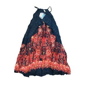 Free People Halter Dress S Navy Red Boho Pattern Rayon New With Tags